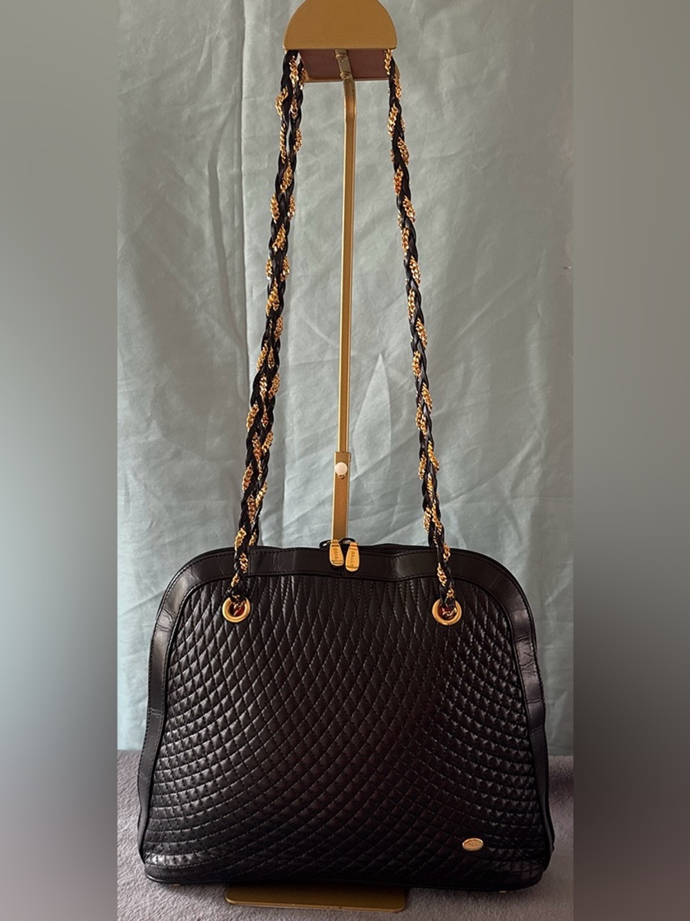Bally Vintage Black Lambskin Quilted Leather Shoulder Bag with Gold Chain Straps